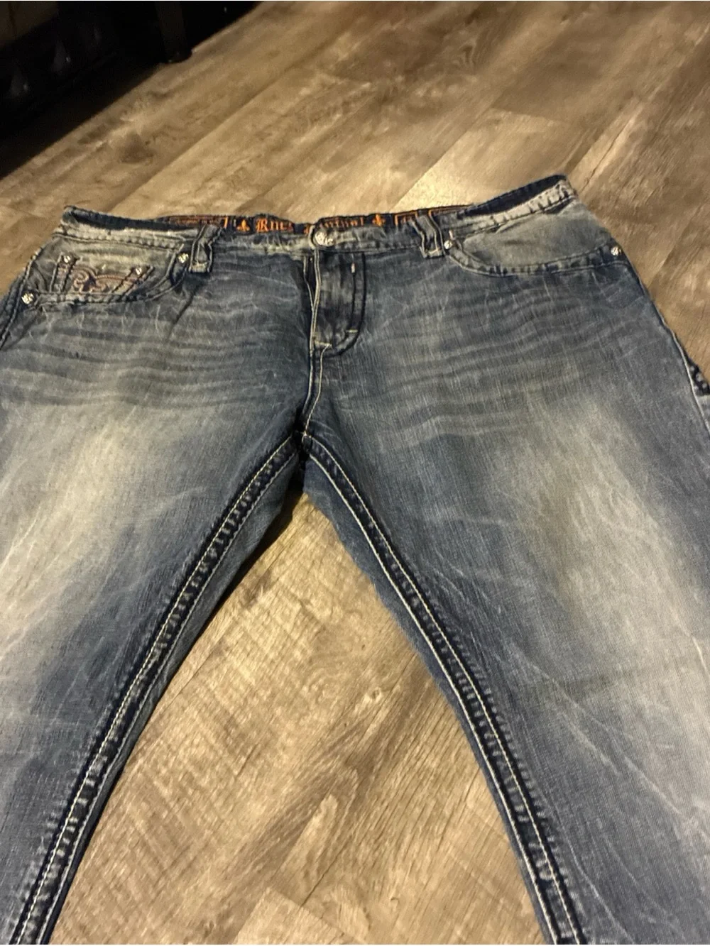 Rock Revival Chopper Relaxed Straight Men's Denim Jeans Thick Stitch SZ 42 Used